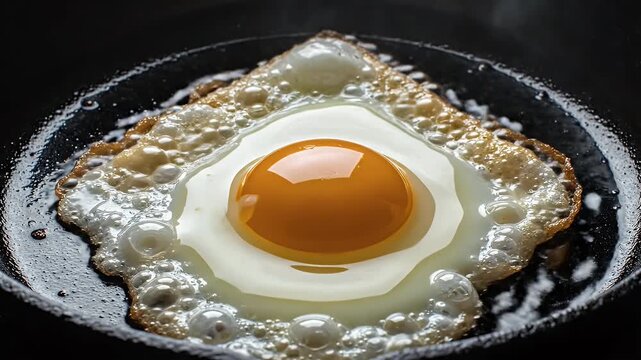 Fried Egg in Cast Iron Pan - A close-up video of a fried egg cooking in a black cast iron pan. The egg has a vibrant orange yolk and the whites are bubbly and slightly browned around the edges.