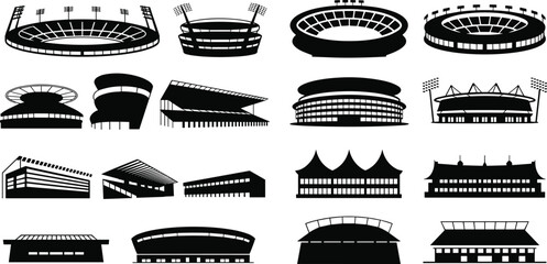 Collection of black silhouette stadium icons showcasing diverse sports arena architecture, roof styles, and seating layouts for design, branding, and infrastructure concepts. © Hasem Creative