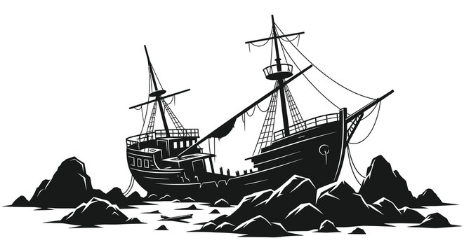 two ships wrecked on rocky shore with distinctive silhouette high quality professional detailed