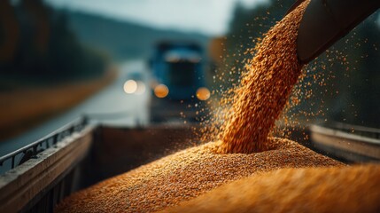 The auger of a combine harvester unloading grain into a semi-truck for transport.