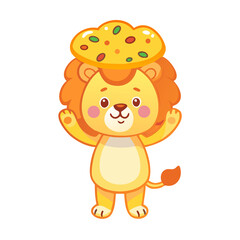 Cute cartoon lion holding a delicious pizza above its head.
