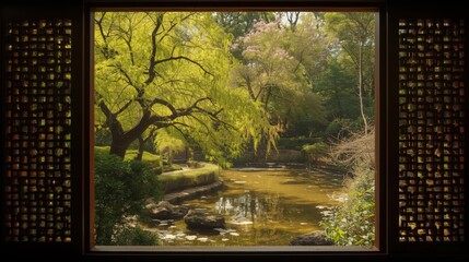 Serene garden pond viewed through lattice window