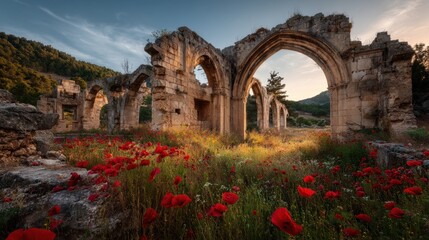 Naklejka premium Ancient stone arches surrounded by viintimate apparelnt red poppies in a serene landscape
