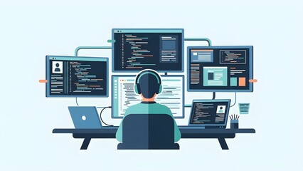 A back view of a software developer or programmer working on a computer with a multi-monitor setup, displaying various code snippets and data visualizations in a modern, flat-design illustration. This