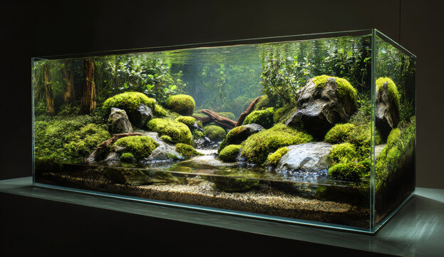Aquarium featuring lush green moss-covered rocks, natural wood elements, and vibrant aquatic plants creating a serene underwater landscape