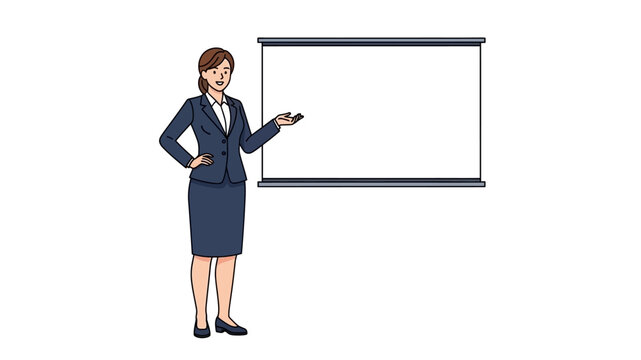 A cartoon businesswoman in a suit stands next to a blank projector screen, ready to present. - Powered by Adobe