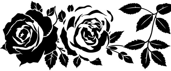 Black rose flower silhouettes with detailed leaves arranged in a horizontal botanical vector style isolated on white background.