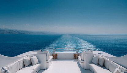 Fototapeta premium Back deck of luxury yacht with white cushioned seating and calm ocean view, blue sky, and distant horizon, showcasing sleek modern design and smooth textured surfaces