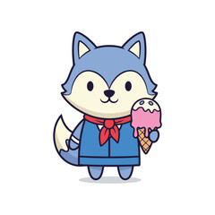Obraz premium Cute Cartoon Wolf Enjoying Ice Cream Illustration