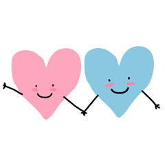 Cute pink and blue heart characters holding hands for Valentine's Day vector.