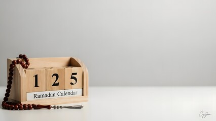 Ramadan calendar with 125 days remaining on wooden counter with rosary