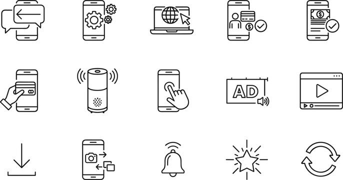 Digital marketing and technology line icons set featuring mobile app settings, online advertising, video streaming and smart device symbols.