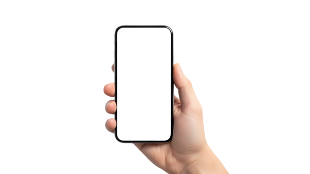 Hand holding a smartphone with blank screen isolated on transparent background - Powered by Adobe