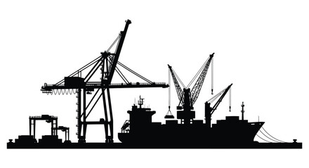 Industrial port scene with cranes and a cargo ship rendered as a striking silhouette © AL-AMIN