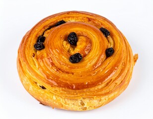 Classic French Pain aux Raisins Swirl Pastry Isolated on White, Golden Viennoiserie with Glossy Glaze and Dark Raisins