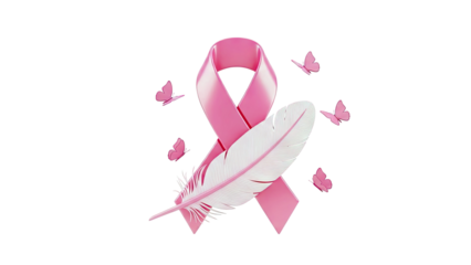 Pink Ribbon and Feather with Butterflies - Breast Cancer Awareness