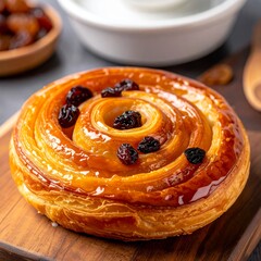 Decadent Golden Danish Pastry Swirl Topped with Sweet Raisins and Shiny Glaze, Presented on a Rustic Wooden Board.