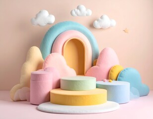 Pastel-colored scene with a rainbow arch, platforms, clouds, and a star