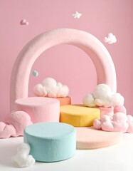 Pastel-colored platform display with soft clouds and arch against pink