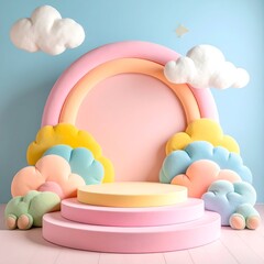 Pastel stage with rainbow, clouds, and pedestal, dreamy and whimsical