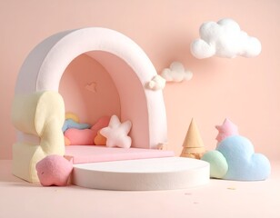 Pastel scene with arch, pillows, clouds, podium. Soft colors, whimsical feel