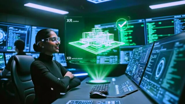 Asian woman engineer using xr holographic model to design architecture, immersive control desk with multiple monitors, focused operator reviews structure, approval and optimization workflow