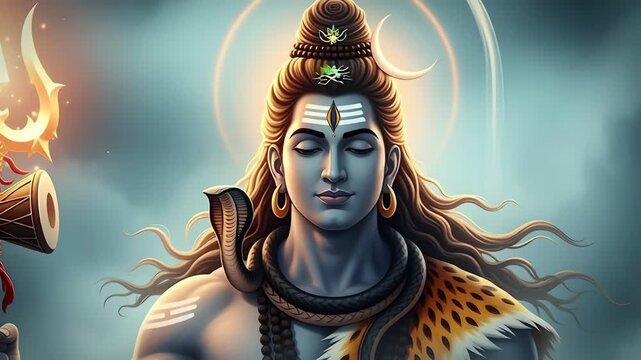 Dramatic cinematic video portrayal of Lord Shiva known as Bholenath, holding a glowing trident with divine blue mist surrounding the figure