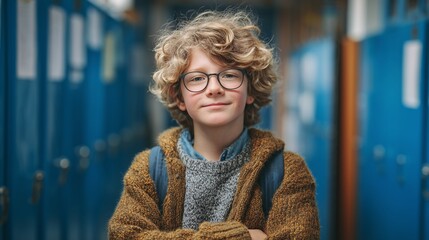 Portrait of school boy 10-11 year old standing with backpack in the school corridor.