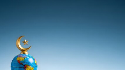 Golden crescent moon and star atop a globe against blue gradient background