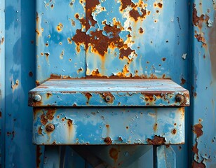 Weathered blue metal with rust, peeling paint, and a small box