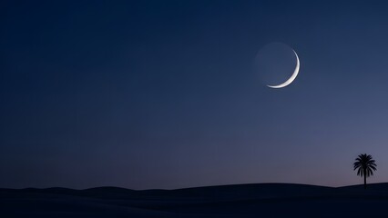 Serene desert landscape at dusk with crescent moon and palm tree silhouette