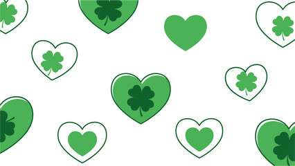 A pattern of green hearts and shamrocks on a white background, symbolizing luck and love for St. Patrick's Day.