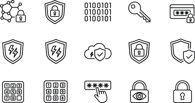 Cybersecurity and data protection icon set featuring shields, padlocks, keys, binary code, cloud safety, and digital password symbols.