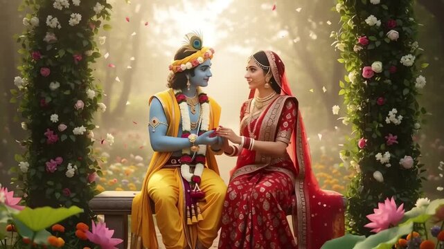 Romantic cinematic video of Radha and Krishna portrayed together in a peaceful garden setting