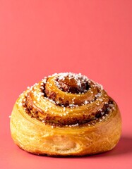 Classic Swedish Kanelbulle (Cinnamon Roll) Sprinkled with Pearl Sugar Against a Vibrant Pink Background