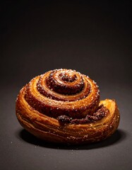 Decadent Cinnamon Swirl Pastry with Sugar Glaze on Dark Background, Close-Up Studio Shot