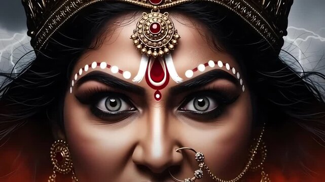 Intense cinematic video portrait of Maa Kali expressing power and divine energy. Dramatic high-contrast lighting highlights facial expressions and sacred ornaments against a dark, stormy background
