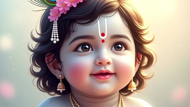 Gentle cinematic video portrait of baby Krishna portrayed with a soft divine glow