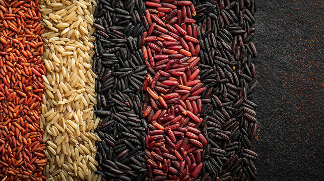 Assortment of vibrant rice grains showcasing color diversity. A close-up shot that highlights the natural beauty and variety of rice grains