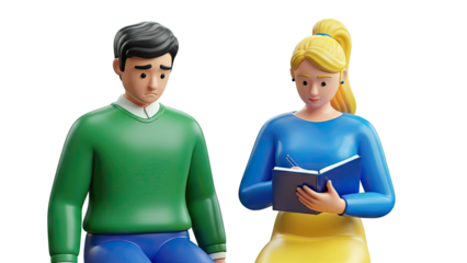 Sad Man and Woman Writing in Notebook