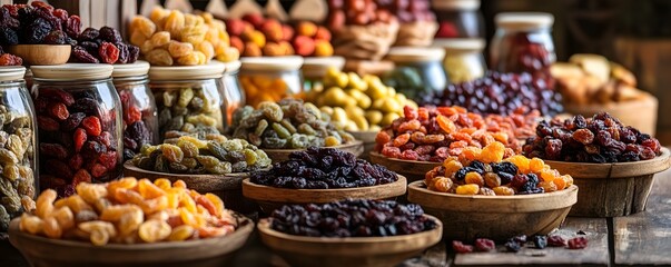 Obraz premium Assortment of Dried Fruits in Wooden Bowls and Jars