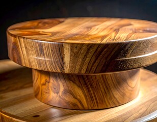 Wooden pedestal stand with two tiers, shiny and textured, rich brown tones