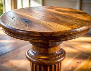 Round wooden table with detailed pedestal base and natural wood grain
