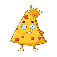 Vector cartoon royal cheese. Cheese piece in the form of a triangle with a crown on the head
