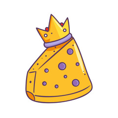 Vector cartoon royal cheese. Cheese piece in the form of a triangle with a crown on the head
