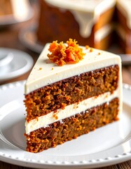 Gourmet Slice of Layered Carrot Cake with Thick Cream Cheese Frosting and Crunchy Garnish