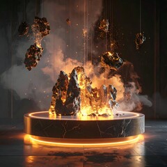 Floating fiery rock formations on a glowing podium, with smoke