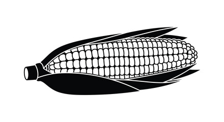 A striking black and white illustration of a corn cob with husk a bold silhouette