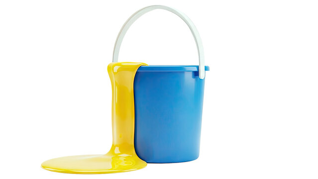 Blue bucket with yellow liquid spilling