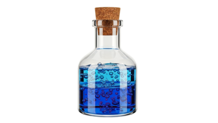 Glass bottle with blue liquid and bubbles, sealed with cork